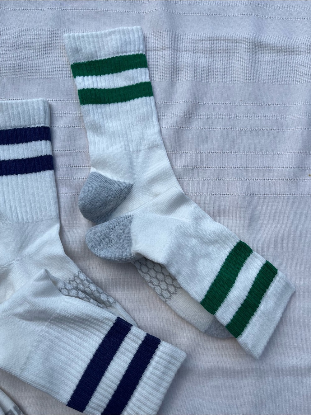 Bombas White Athletic Crew Socks with Green and Navy Stripes - Picture 14 of 14